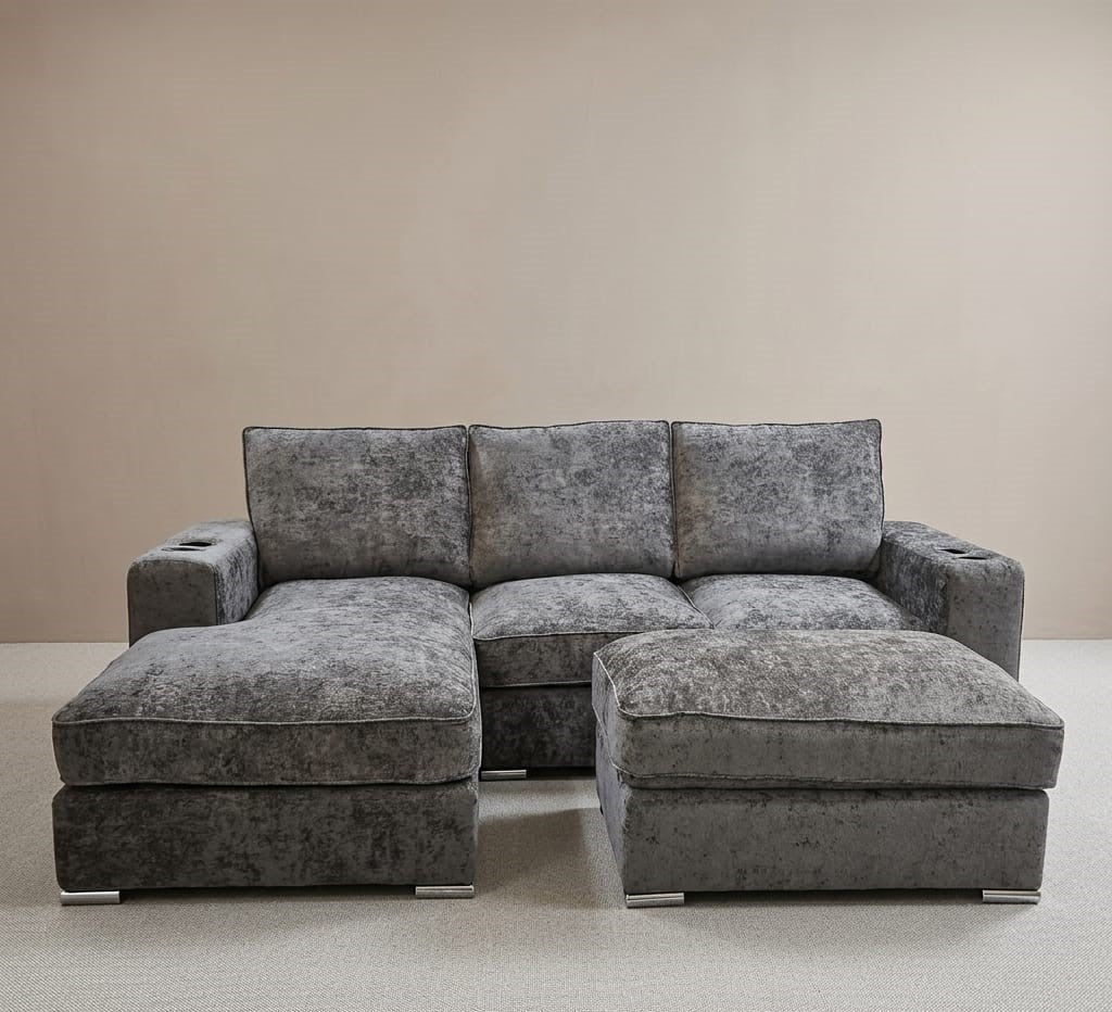 Sienna Lounge - Facing Left - With Cupholders + Footstool - Chenille Charcoal - Clearance