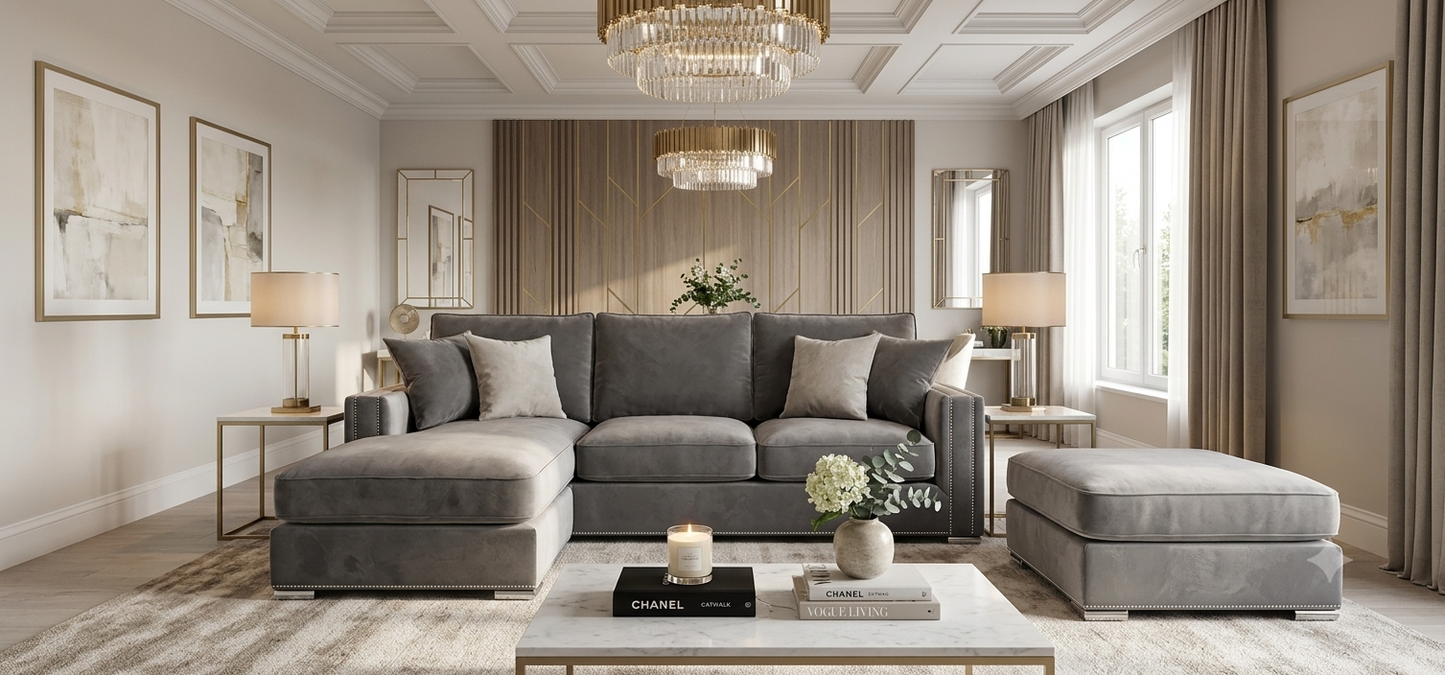 Olivia Cozy Left Facing Corner Sofa + Footstool - Plush Velvet Grey - Clearance