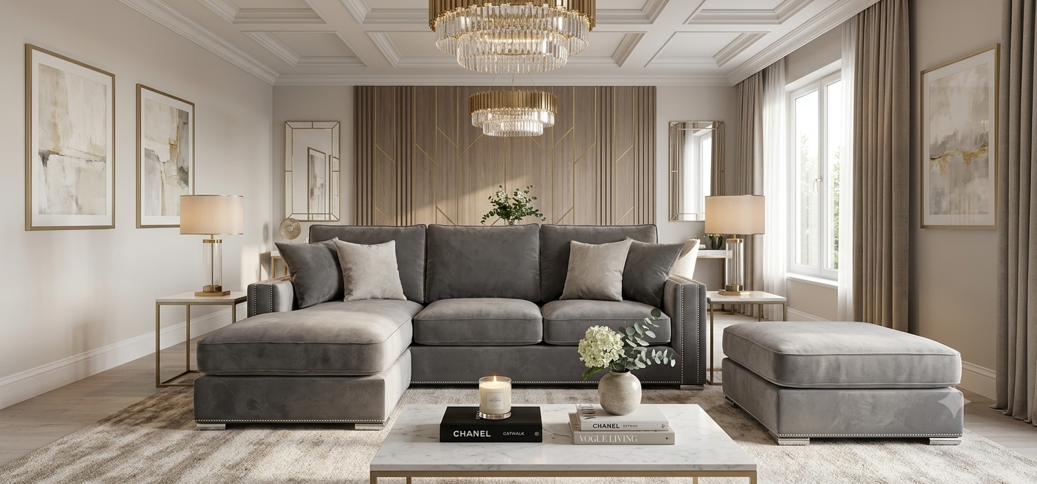 Olivia Cozy Left Facing Corner Sofa + Footstool - Plush Velvet Grey - Clearance