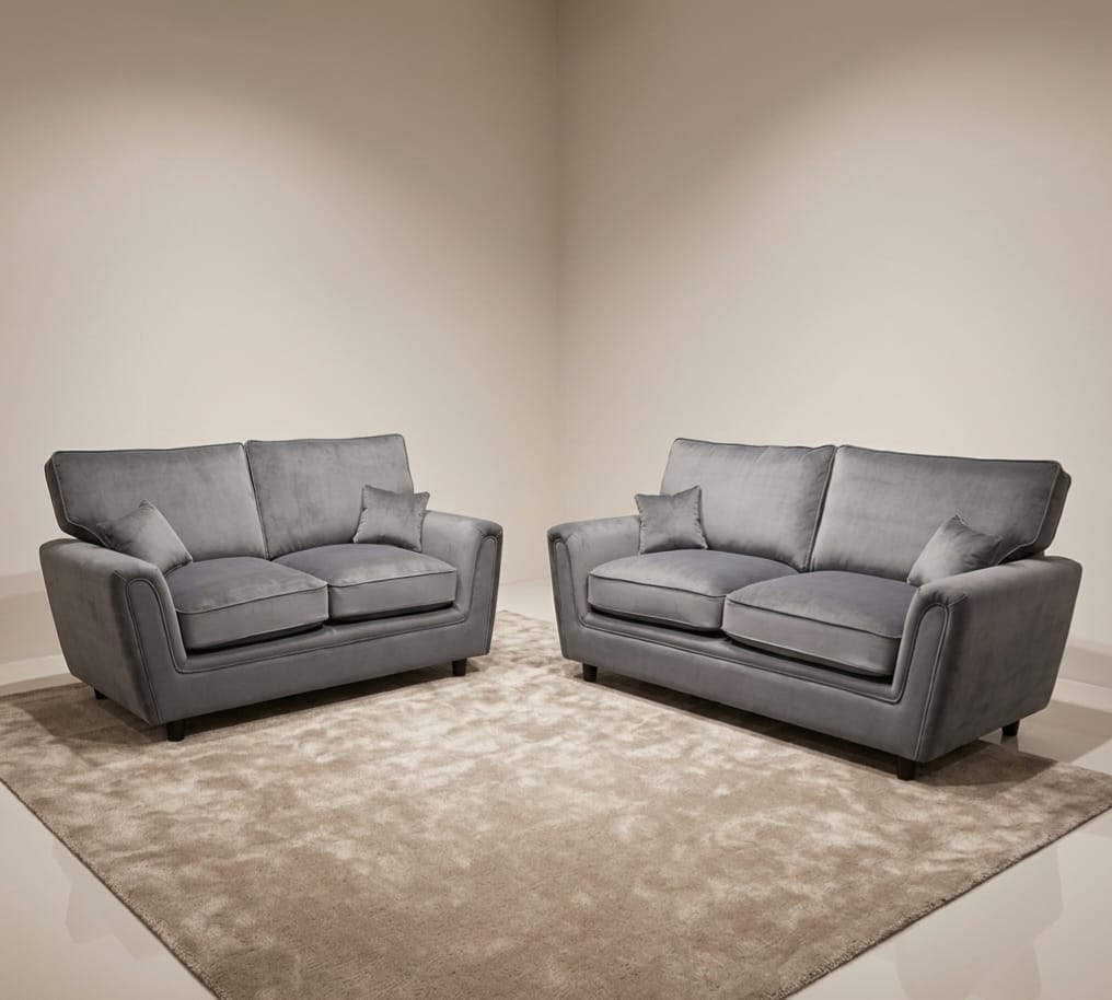 Marylynn 3 Seater + 2 Seater + Footstool - Plush Velvet Grey - Clearance