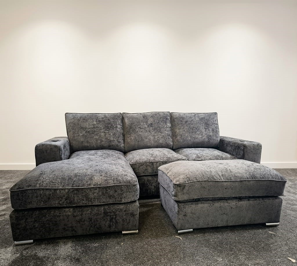 Sienna Lounge - Facing Left - With Cupholders + Footstool - Chenille Charcoal - Clearance