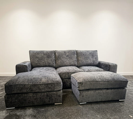 Sienna Lounge - Facing Left - With Cupholders + Footstool - Chenille Charcoal - Clearance