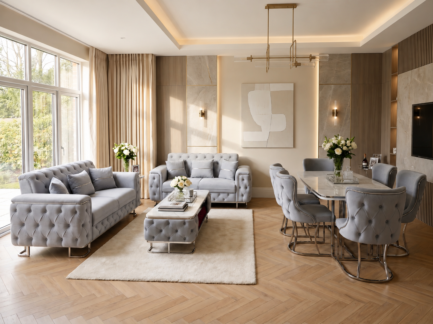 Espina Luxury Living & Dining Collection – 3 Seater, 2 Seater, Dining Table, 6 Chairs & TV Stand