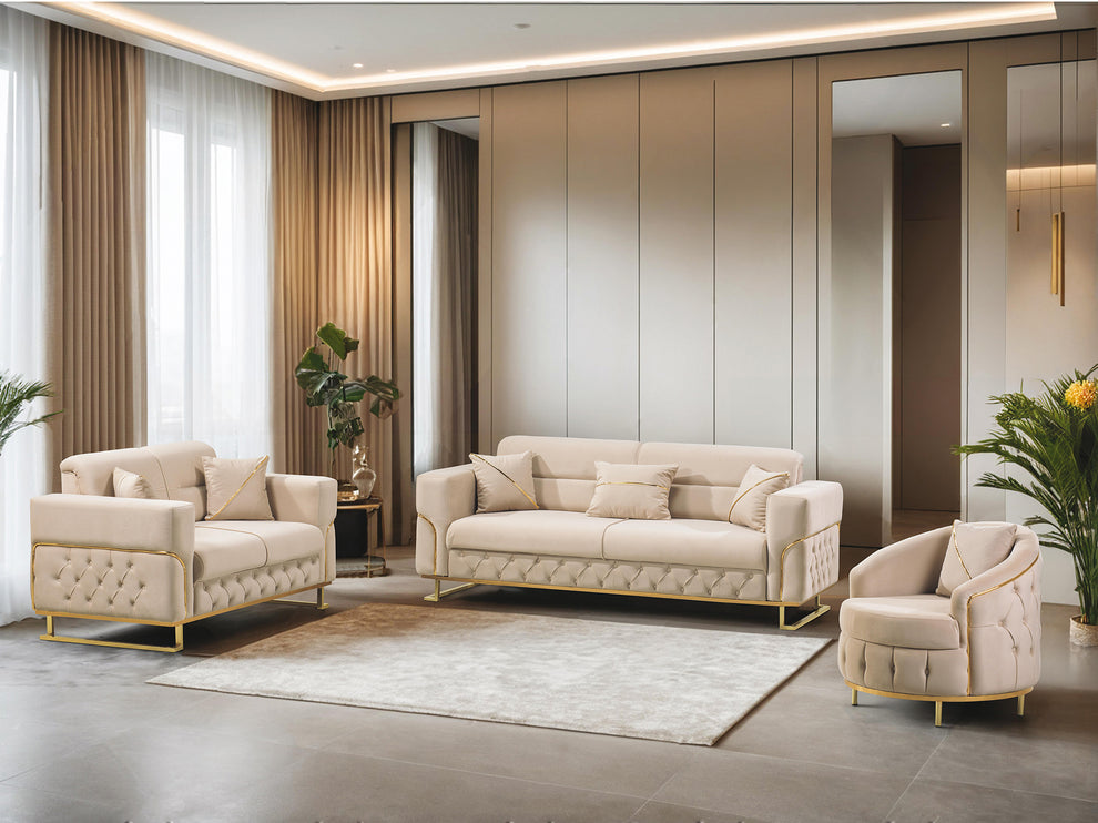 Parma 3+2 Seater Sofa Set – Luxury Cream Gold Sofa