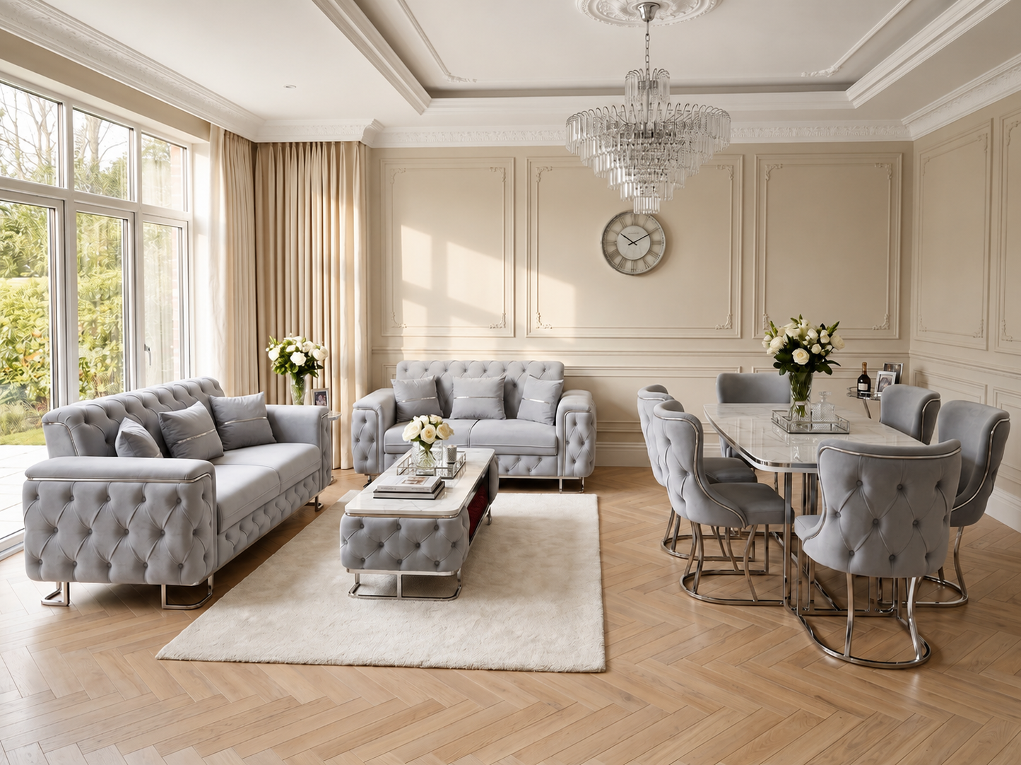 Espina Luxury Living & Dining Collection – 3 Seater, 2 Seater, Dining Table, 6 Chairs & TV Stand